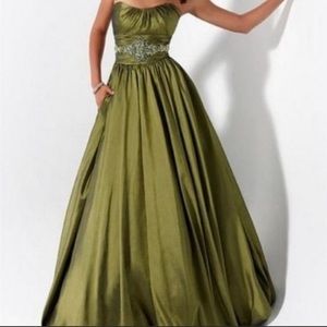 Olive green strapless prom dress